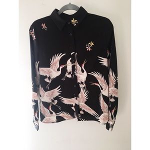 Bird Printed Button Down Blouse